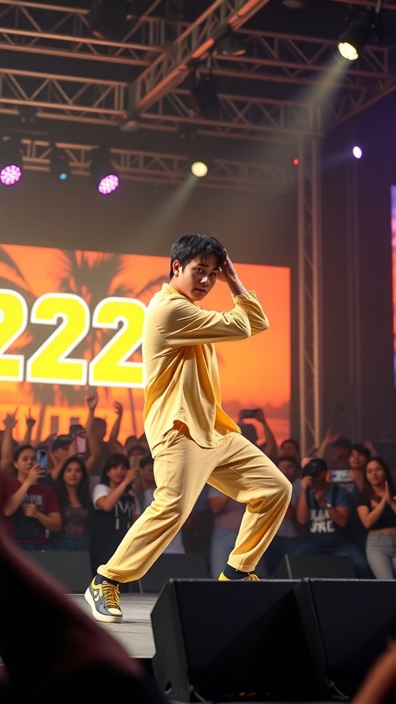 Jungkook performing the Butter dance with energetic choreography and bright stage lights.